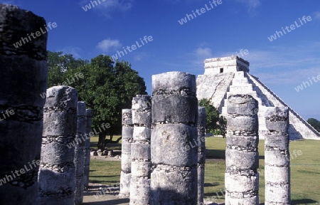 Die Pyramide der Maya Ruine von Chichen Itza im Staat Yucatan auf der Halbinsel Yuctan im sueden von Mexiko in Mittelamerika.   