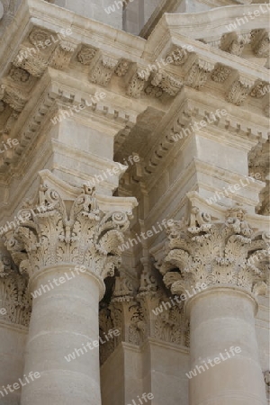 The Dome on the Piazza del Domo in the old Town of Siracusa in Sicily in south Italy in Europe.