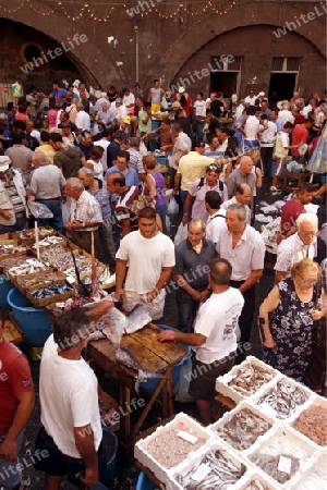 The Fishmarket in the old Town of Catania in Sicily in south Italy in Europe.