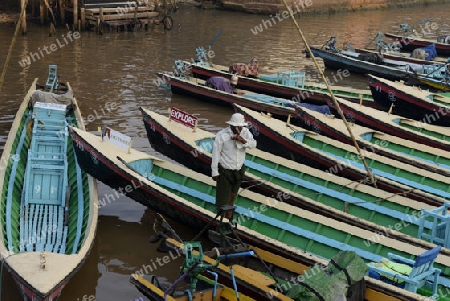 the Boat landing Pier at the Nan Chaung Main Canal in the city of Nyaungshwe at the Inle Lake in the Shan State in the east of Myanmar in Southeastasia.