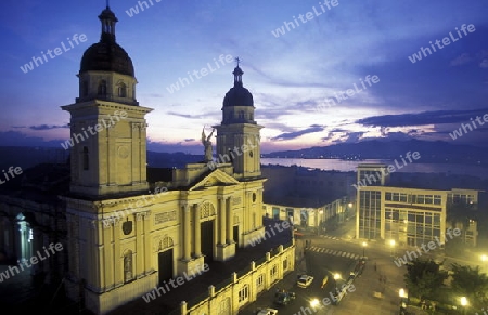 The cathedral at the parque Cespedes in the city of Santiago de Cuba on Cuba in the caribbean sea.