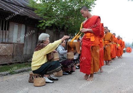 Moenche am fruehen Morgen beim einsammeln von Reis in der Altstadt von Luang Prabang in Zentrallaos von Laos in Suedostasien.