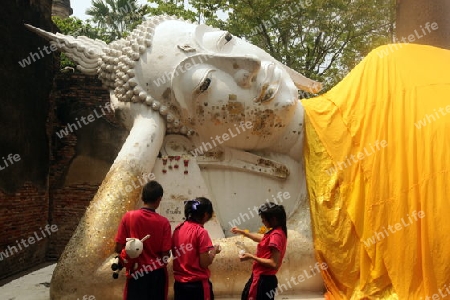 Der Wat Yai Chai Tempel in der Tempelstadt Ayutthaya noerdlich von Bangkok in Thailand