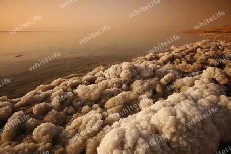 The coast with natural salt of the death sea neat the Village of Mazraa in Jordan in the middle east.