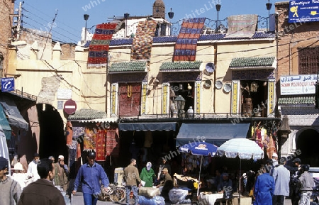 The Souq or Bazzar or Market in the old town of Marrakesh in Morocco in North Africa.
