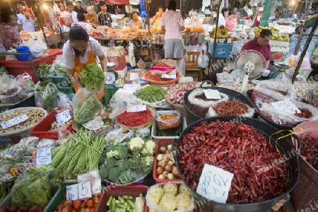 the morning Market in Nothaburi in the north of city of Bangkok in Thailand in Southeastasia.