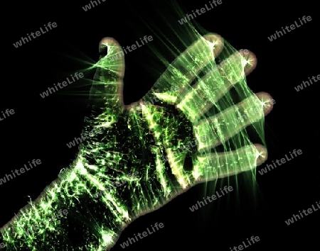 3D-Illustration of a glowing human male hand with a kirlian aura showing different symbols.