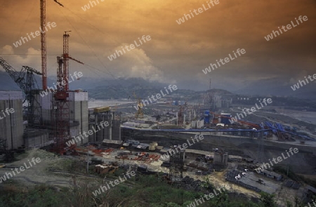 the constructions work at the three gorges dam project on the yangzi river in the province of hubei in china.