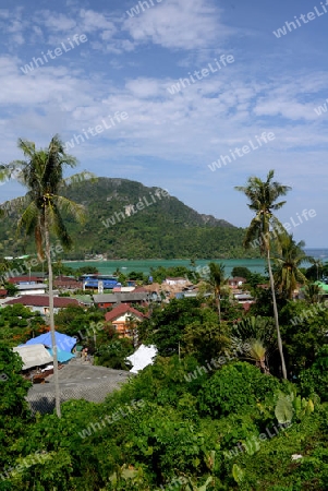 The view from the Viewpoint on the Town of Ko PhiPhi on Ko Phi Phi Island outside of the City of Krabi on the Andaman Sea in the south of Thailand. 