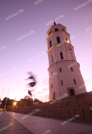 The old Town of the City Vilnius with the clocktower and the Johanneschurch  in the Baltic State of Lithuania,  