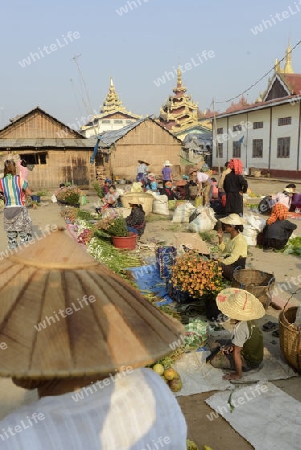 the market at the Village of Phaung Daw Oo at the Inle Lake in the Shan State in the east of Myanmar in Southeastasia.