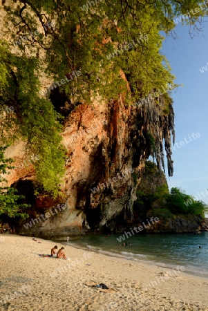 The Hat Phra Nang Beach at Railay near Ao Nang outside of the City of Krabi on the Andaman Sea in the south of Thailand. 