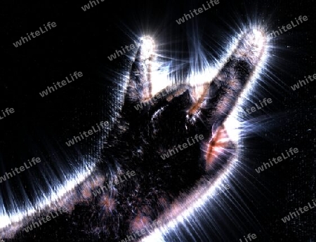 3D-Illustration of a glowing human male hand with a kirlian aura showing different symbols.