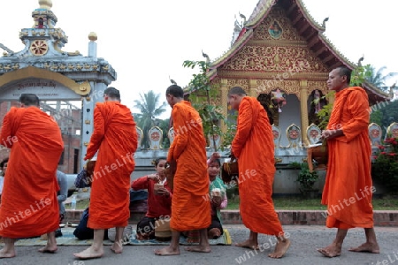 Moenche am fruehen Morgen beim einsammeln von Reis in der Altstadt von Luang Prabang in Zentrallaos von Laos in Suedostasien.