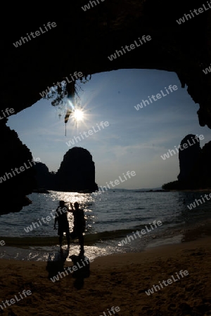 The Hat Phra Nang Beach at Railay near Ao Nang outside of the City of Krabi on the Andaman Sea in the south of Thailand. 