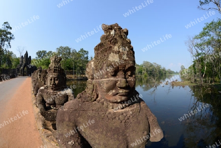 The Bridge at the Angkor Tom Gate in the Temple City of Angkor near the City of Siem Riep in the west of Cambodia.