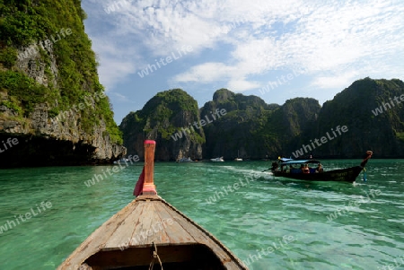 a Boat on the way to Maya Beach  near the Ko Phi Phi Island outside of the City of Krabi on the Andaman Sea in the south of Thailand. 