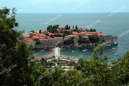 Die Hotel Insel in Sveti Stefan an der Mittelmeer Kueste in Montenegro im Balkan in Osteuropa