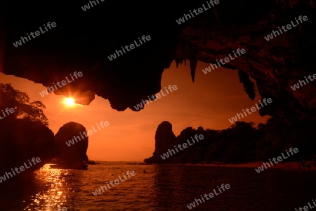 The Hat Phra Nang Beach at Railay near Ao Nang outside of the City of Krabi on the Andaman Sea in the south of Thailand. 