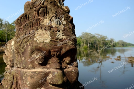 The Bridge at the Angkor Tom Gate in the Temple City of Angkor near the City of Siem Riep in the west of Cambodia.