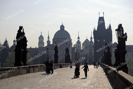 Touristen auf der Karlsbr?cke am fruehen Morgen, Prag, Tschechi