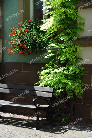 Hausfassade mit Blumenschmuck