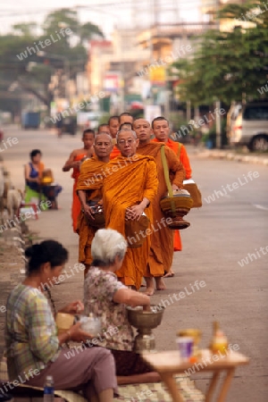 Moenche auf ihrem Rundgang am fruehem Morgen vor dem Tempel in der Stadt Tha Khaek in zentral Laos an der Grenze zu Thailand in Suedostasien.