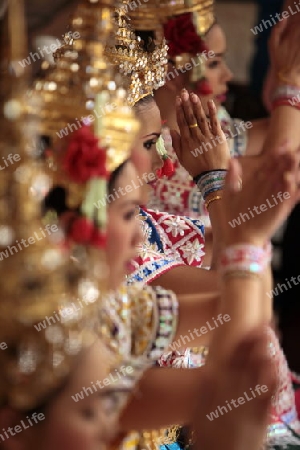 Ein Traditioneller Tanz im Erewan Schrein in der Th Phra Ram 1 Road beim Siam Square in Bangkok der Hauptstadt von Thailand in Suedostasien.