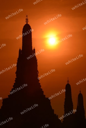 Die Tempelanlage des Wat Arun am Mae Nam Chao Phraya River in der Hauptstadt Bangkok von Thailand in Suedostasien.