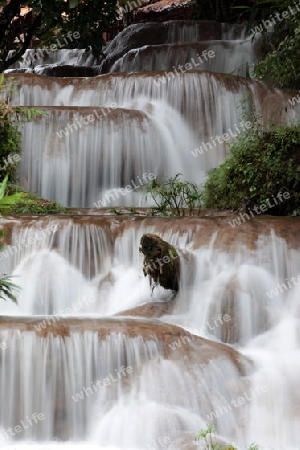 Die Landschaft mit einem Wasserfall beim Dorf Fang noerdlich von Chiang Mai im Norden von Thailand.