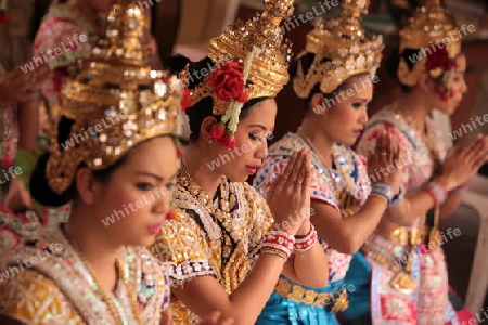 Ein Traditioneller Tanz im Erewan Schrein in der Th Phra Ram 1 Road beim Siam Square in Bangkok der Hauptstadt von Thailand in Suedostasien.