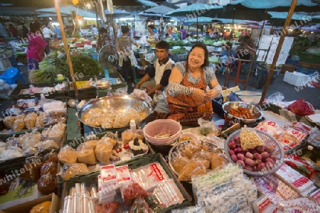 the food market at the morning Market in Nothaburi in the north of city of Bangkok in Thailand in Southeastasia.