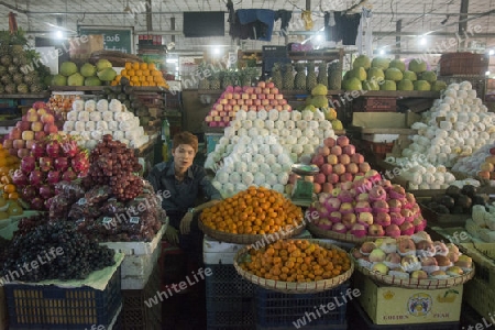 a fruit market in a Market near the City of Yangon in Myanmar in Southeastasia.