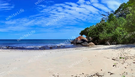 Stunning high resolution beach panorama taken on the paradise islands Seychelles.