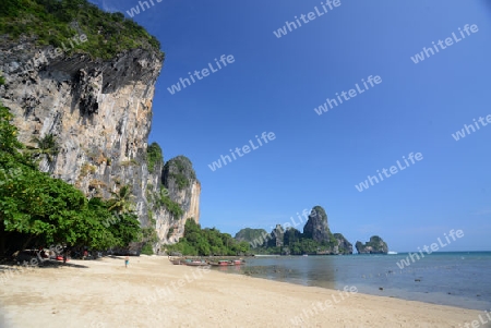 The Hat Tom Sai Beach at Railay near Ao Nang outside of the City of Krabi on the Andaman Sea in the south of Thailand. 