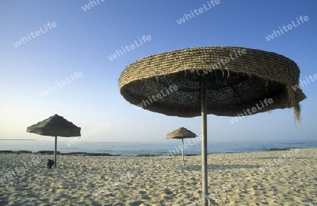 Ein Sandstrand auf der Insel Jierba im Sueden von Tunesien in Nordafrika. 