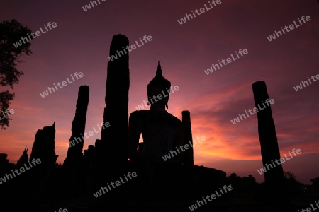 Eine Buddha Figur  im Wat Mahathat Tempel in der Tempelanlage von Alt-Sukhothai in der Provinz Sukhothai im Norden von Thailand in Suedostasien.