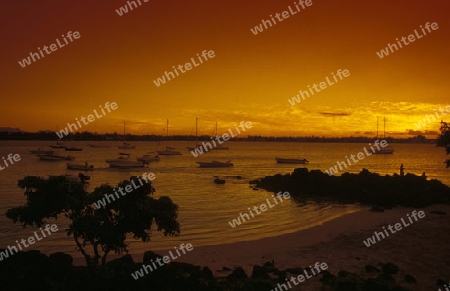 Ein Sandstrand an der Westkueste von Mauritius im Indischen Ozean. 