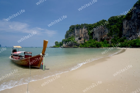 The Hat Tom Sai Beach at Railay near Ao Nang outside of the City of Krabi on the Andaman Sea in the south of Thailand. 