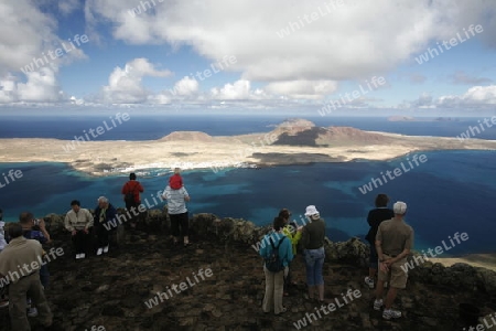 the Mirador del Rio viewpoint on the Island of Lanzarote on the Canary Islands of Spain in the Atlantic Ocean. on the Island of Lanzarote on the Canary Islands of Spain in the Atlantic Ocean.
