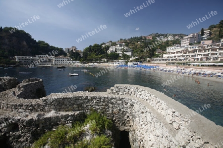 the Beach of the old Town of  Taormina in Sicily in south Italy in Europe.