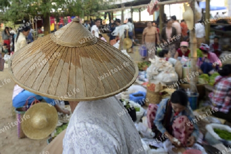 The Market in the village of Ywama at the Inle Lake in the Shan State in the east of Myanmar in Southeastasia.