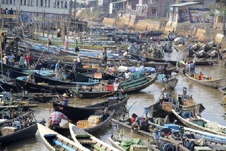 the Boat landing Pier at the Nan Chaung Main Canal in the city of Nyaungshwe at the Inle Lake in the Shan State in the east of Myanmar in Southeastasia.