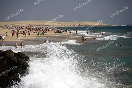 the Beach at the Playa des Ingles in town of Maspalomas on the Canary Island of Spain in the Atlantic ocean.