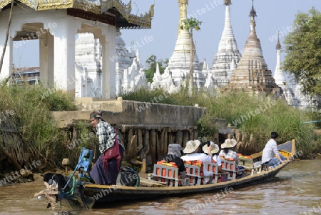 a Taxi Boat transport in a Village near the city of Nyaungshwe at the Inle Lake in the Shan State in the east of Myanmar in Southeastasia.