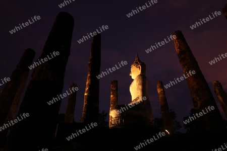 Eine Buddha Figur  im Wat Mahathat Tempel in der Tempelanlage von Alt-Sukhothai in der Provinz Sukhothai im Norden von Thailand in Suedostasien.