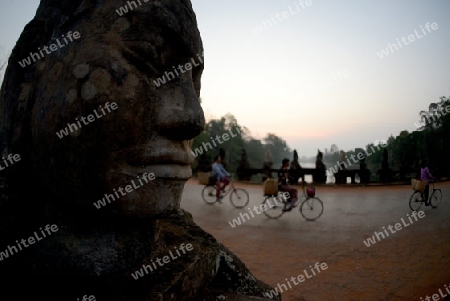 The Bridge at the Angkor Tom Gate in the Temple City of Angkor near the City of Siem Riep in the west of Cambodia.