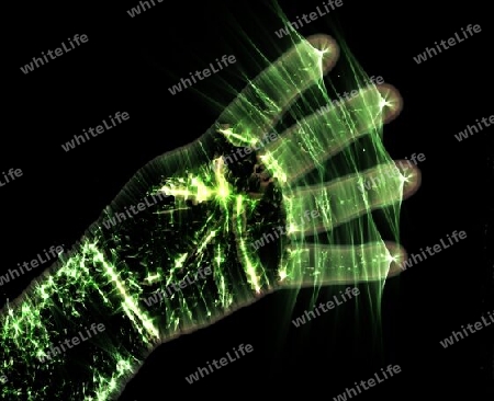 3D-Illustration of a glowing human male hand with a kirlian aura showing different symbols.