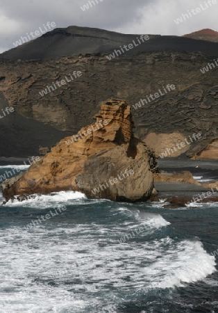 the Landscape of El Golfo on the Island of Lanzarote on the Canary Islands of Spain in the Atlantic Ocean. on the Island of Lanzarote on the Canary Islands of Spain in the Atlantic Ocean.
