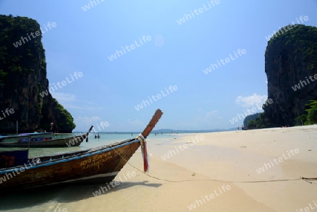 The Hat Phra Nang Beach at Railay near Ao Nang outside of the City of Krabi on the Andaman Sea in the south of Thailand. 